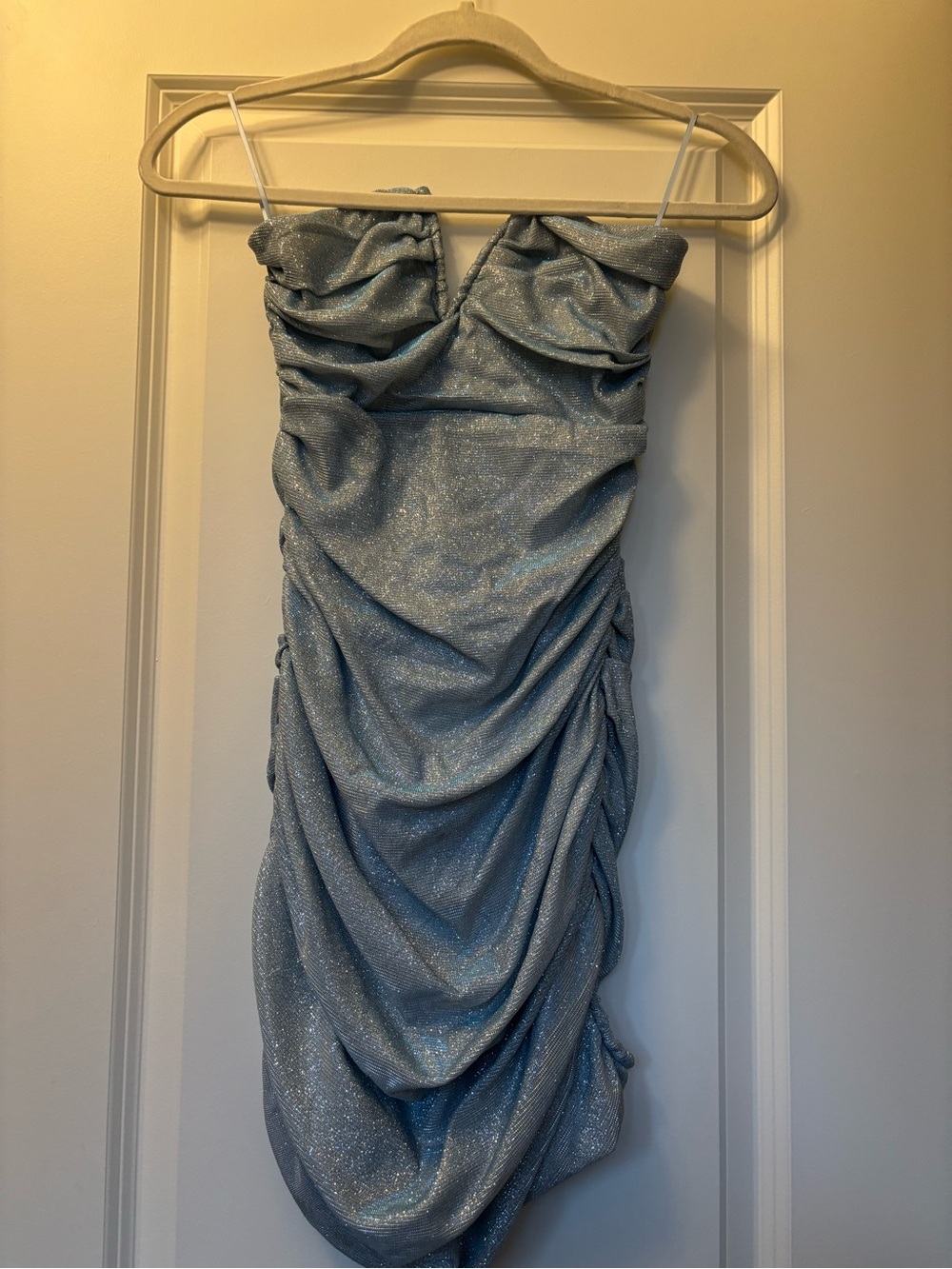Shimmery Light Blue Ruched Strapless Dress - Small